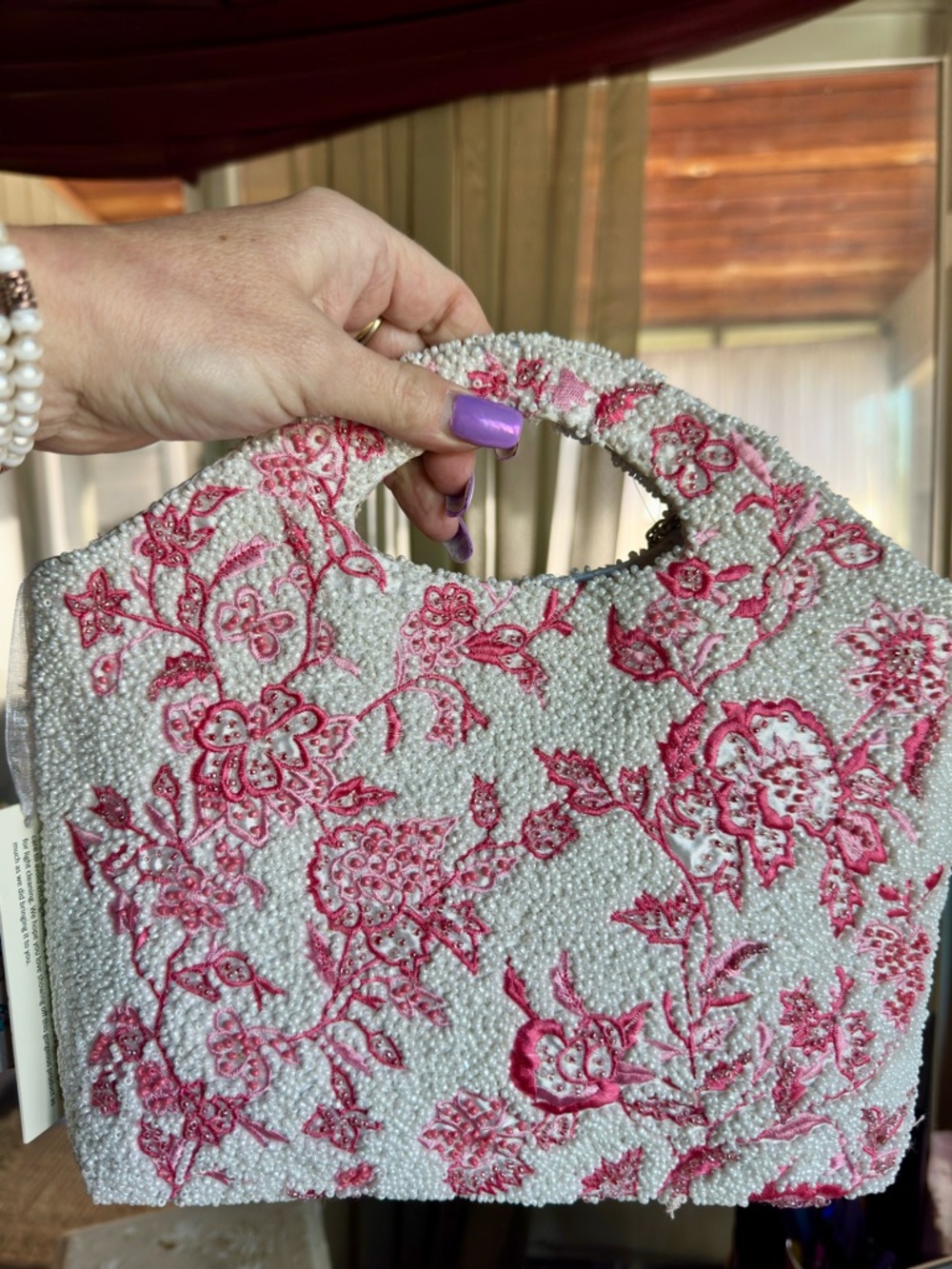 Beaded Floral Crossbody Tote in elegant pink & white floral. Just Gorgeous! NWT